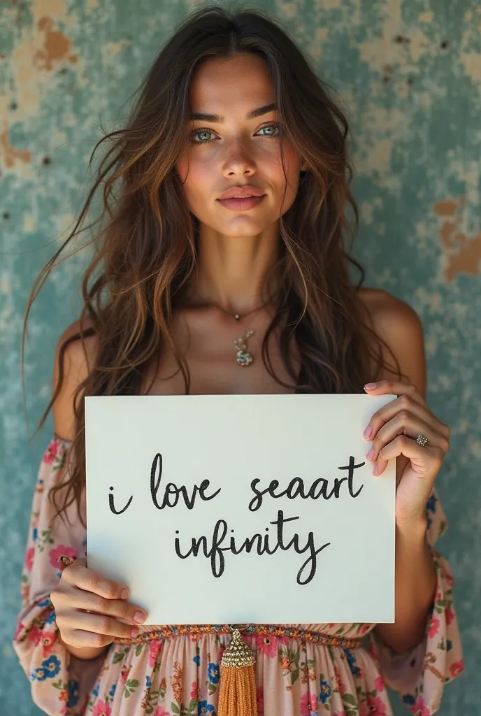 Beautiful girl with long wavy hair, bohemian dress, holding a white board with text " I Love Seaart Infinity " y showing it to the spectator