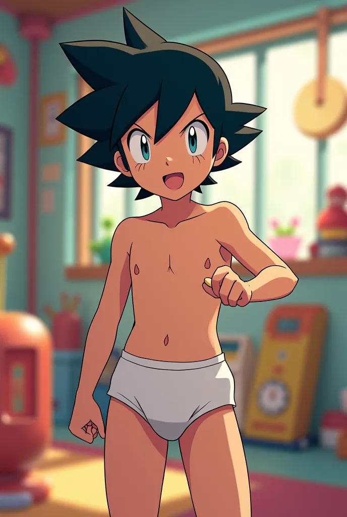 young boy Ash Ketchum white briefs colorful playroom