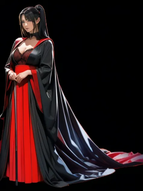 arafed woman in a  black and red dress and black stockings,  black and red silk clothes , Relaxed Robe, Relaxed Robes, dark Relaxed Robe,  flowing magic robe , Ariana Grande plays the role of the Sith, Wearing black Sith robes, Floating Robe,  black and re...