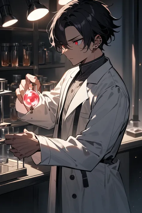 A young man with ruby red eyes and black hair, wearing a lab coat, anime style.