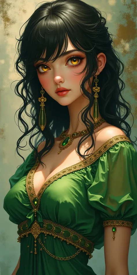 Create a character inspired by Brazilian clothing from the 1900s, anime, long dark hair,  golden eyes, clothes in shades of green,  was white and brown