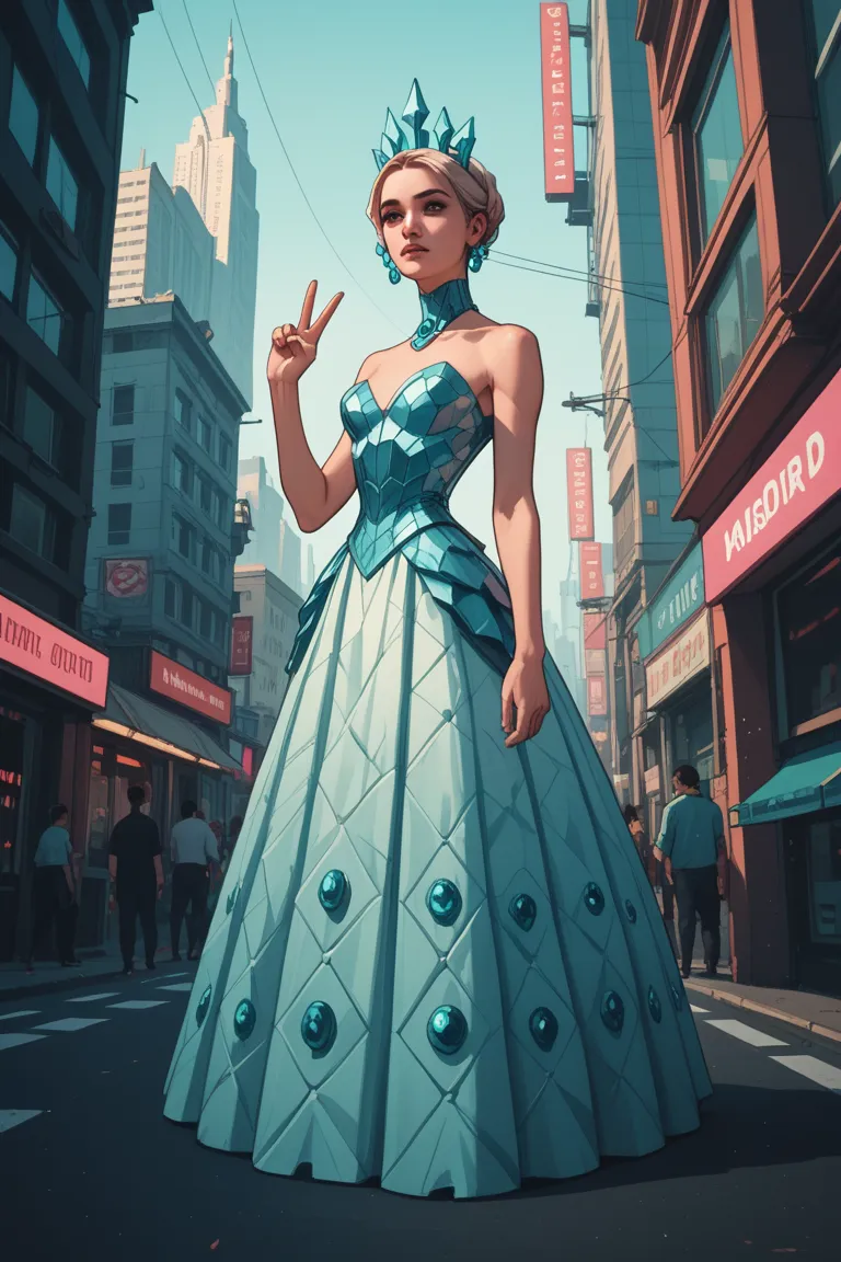 [Fashion Editor] + [hourglass-like waist, Dynamic frontal angle, Playing posture] + [Whimsical costumes,  animal print , Avant-garde] + [ city background ,  bright light , surreal clarity] + [pink and light blue] --ar 4:5 --style raw --stylize 250 --v 6