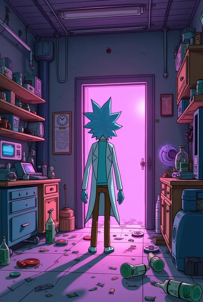 Crie uma imagem baseando no desenho rick e Morty (Morty enters the garage and sees that everything is messy, as if a fight had taken place.)
MORTY:
– rick? rick, you're there? method, What a mess this is?!

(He steps on a broken bottle of interdimensional ...