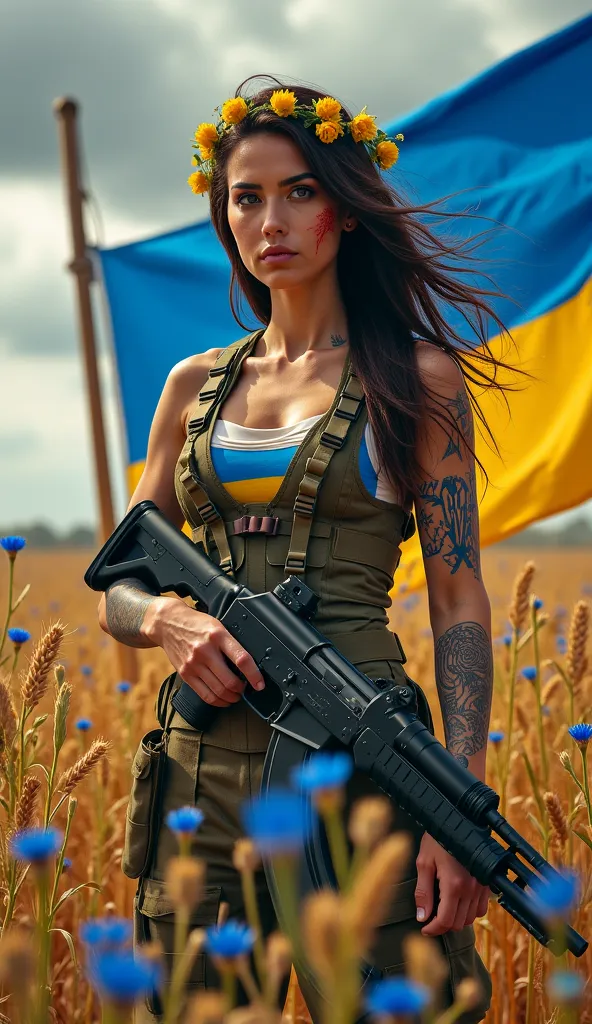 A young Ukrainian female nudist warrior, heavily armed with an AK47 rifle and all over her body Tatooed with the Ukrainian trident motif, is the central figure. She is standing slightly off-center to the left of the picture. She is holds an AK47 rifle in h...