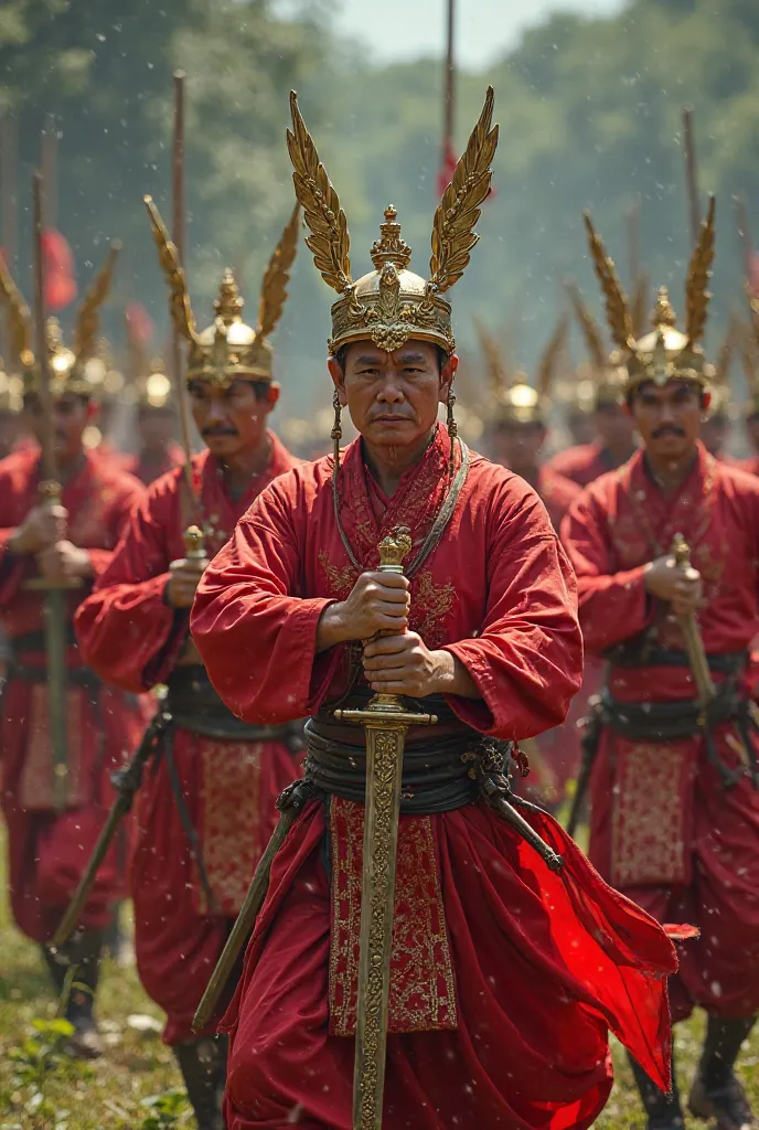 Many ancient Thai soldiers wielding both swords, dressed in red costumes, winged hats. 