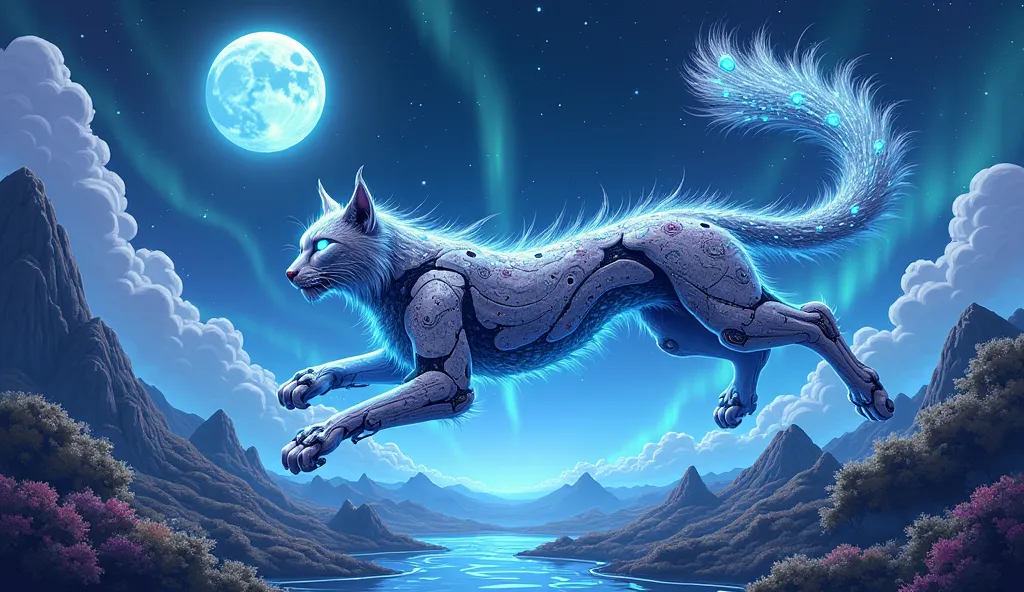 "Anime-inspired robotic lynx with crystalline fractal fur, leaping across a terraformed alien jungle under twin moons. Its eyes emit a soft cyan glow, and its tail transforms into swirling nanotech particles that bloom into floating holographic flowers. Ne...