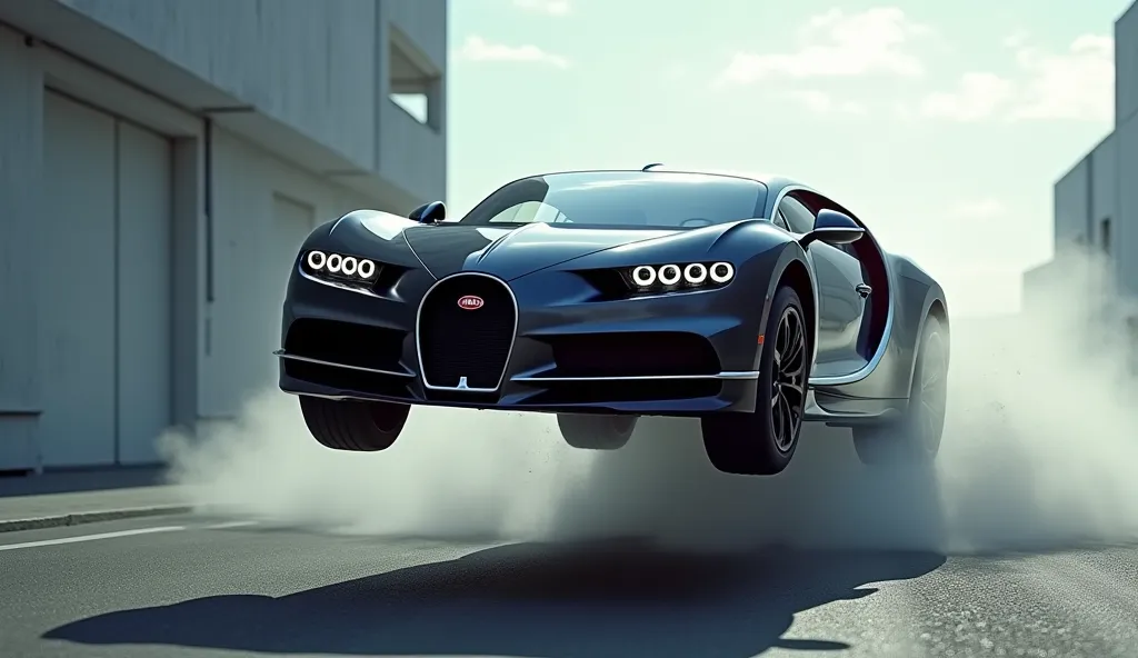 Make a photo of the bugatti car being thrown from the ground up