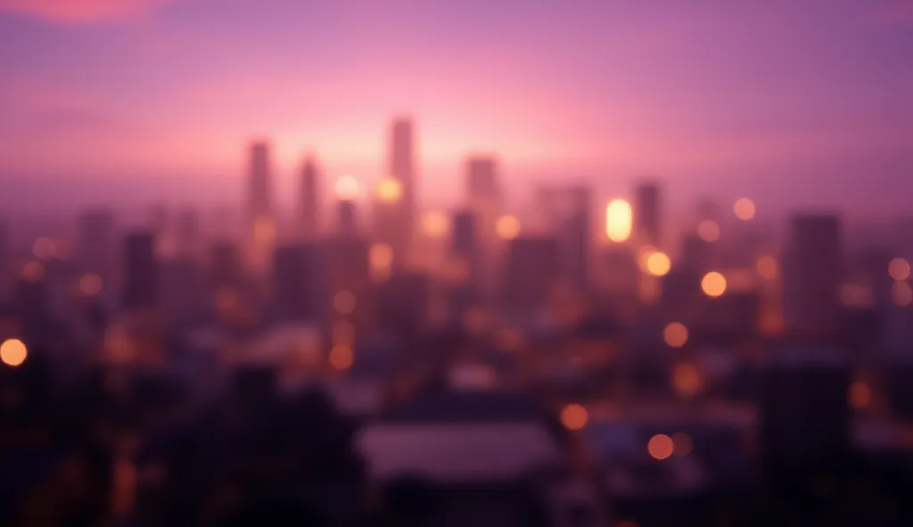 A blurred city skyline at dusk, with golden and purple hues blending into the horizon, evoking a bittersweet feeling