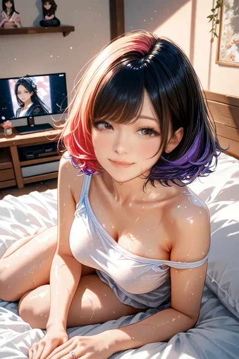 ((highest quality)), ((masterpiece)), ( details), 1 girl,  sexy, highest quality, masterpiece, Super realistic, 超details,Realistic breasts, ,25 year old Japanese woman,  sweaty body、 delicate thighs soaking in the water、big round eyes、Baby Face、Maruyen、loo...