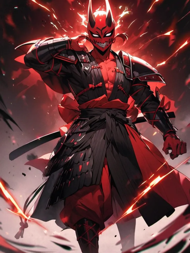 is wearing Japanese samurai armor、The Man with the Red Demon Mask　emits static electricity from his whole body