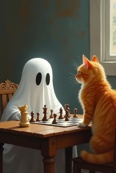 A ghost playing chess with an orange cat with white paws, a chonker cat, sitting across the table, the scene captured in an adorable digital painting. The cat looks like Garfield, with its ginger fur and realistic details, captured in a very realistic and ...