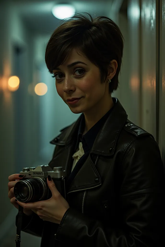 Cristin Milioti as an Aspiring Journalist and Paranormal Investigator. 1 Woman. Short-haired with an undercut, wearing a leather jacket and carrying a vintage camera. Her sharp eyes are always scanning for clues. Bold, witty, and a touch reckless.