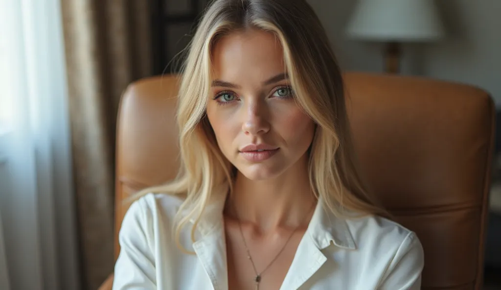 Generate an ultra-realistic image of a stunning 25-year-old female model, embodying the essence of Russian beauty. She's sitting in a chair at home. The model has long, straight blonde hair that cascades elegantly down her back, catching the light and addi...