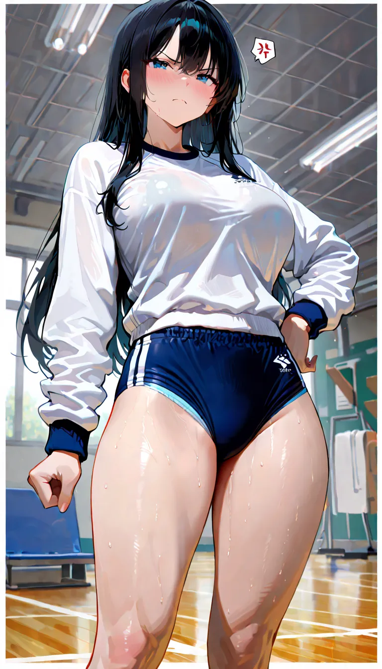 (beautiful girl : 1.3),1 girl,(White gym clothes, Long Sleeve,dark blue buruma,light blue panties), black hair,long hair,anger, abusive, Sports,masterpiece,highest quality,Ultra High Resolution,rich contrast that makes erectile breasts visible,high image q...