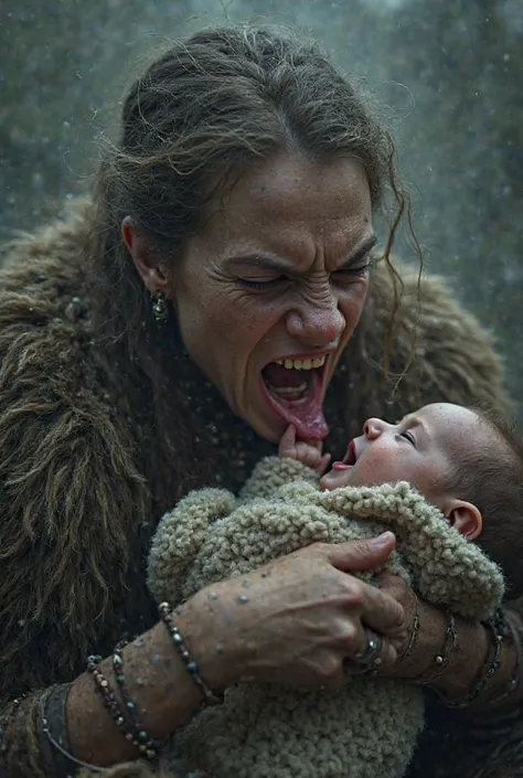 A viking girl whose mouth is wide open and her milk-filled gums are huge and piping on the nipple