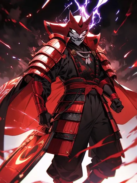 is wearing Japanese samurai armor、The Man with the Red Devil Mask　emits static electricity from his whole body