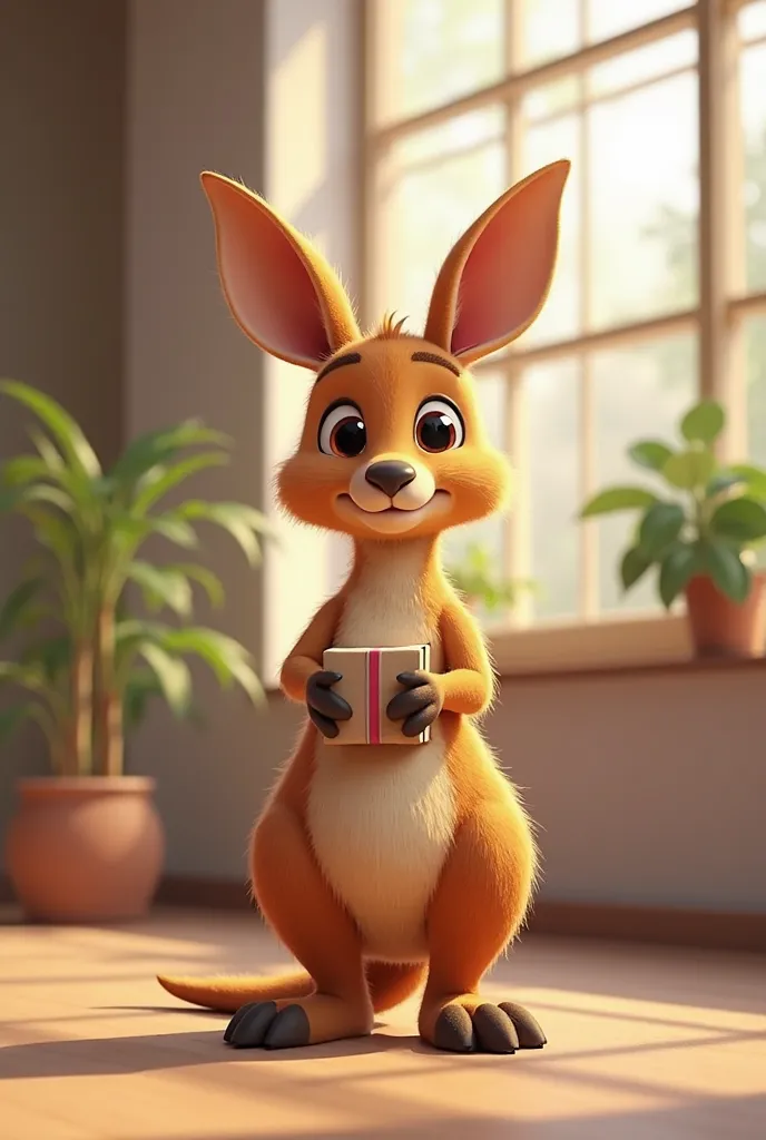 anthropomorphic kangaroo,  standing on its hind legs , holds a small package, } style combines cartoonishness and moderate realism, warm brownish-beige color, friendly face expression, big ears, slightly elongated face, moderately large eyes (not too “star...