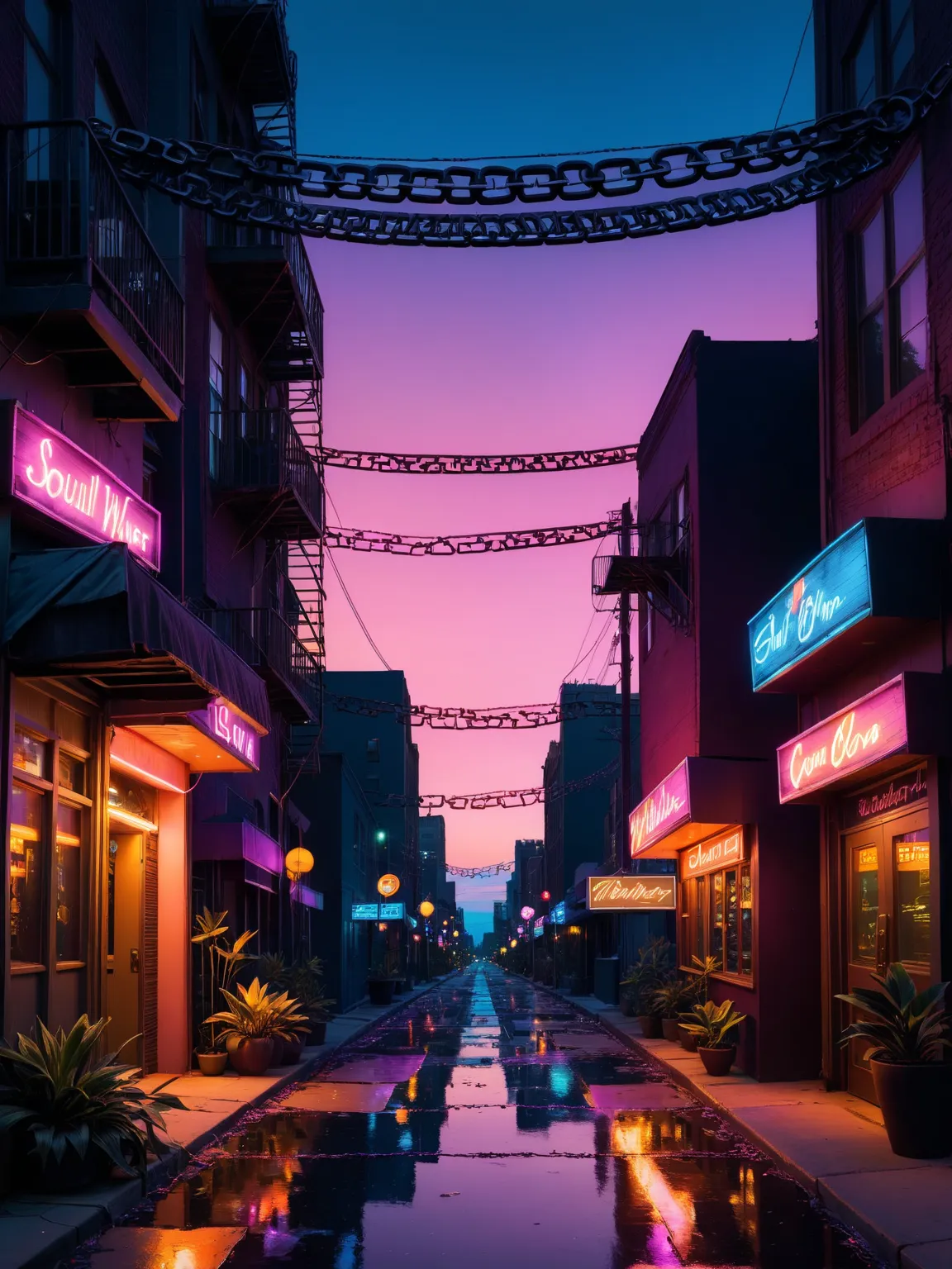 "Soulful urban landscape: Warm neon lights and twilight hues merge with flourishing nature. Broken chains and drifting musical notes evoke a Stevie Wonder-inspired vibe, celebrating freedom, love, and soulful funk."
