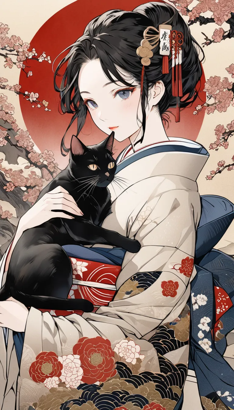 ukiyo-e, ultra complex high detail, beautiful japanese traditional culture, cuddling 1 black cat