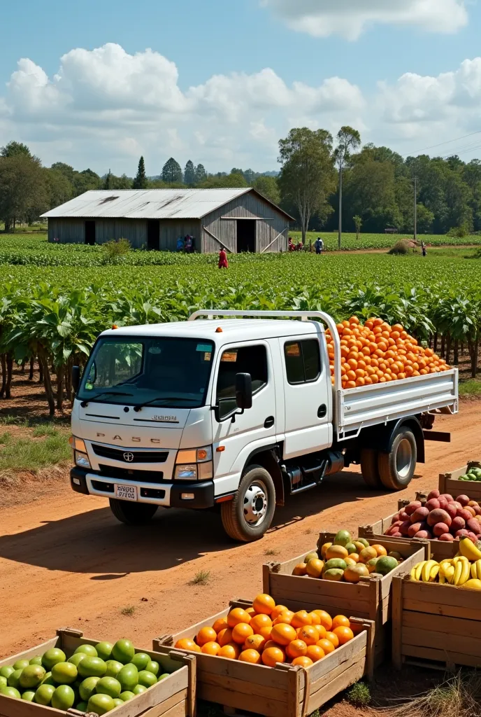 A sturdy, modern white double-cabin van sits on a sunny farm. The truck is loaded with wooden crates filled with fresh fruit, including oranges, bananas and mangoes. In the background, a backdrop of green plantations, trees and a rustic barn. The dirt floo...