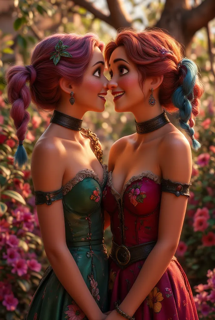 Harley quinn (pink and blue pigtails) kissing poison ivy (green dress and red hair)