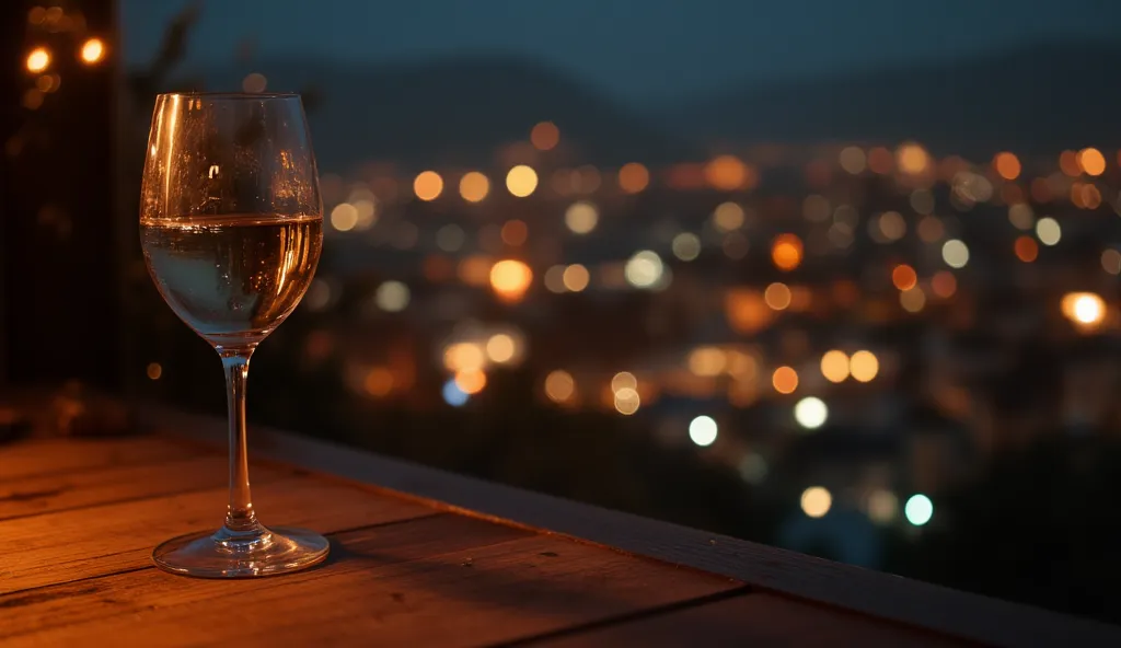 A half-empty wine glass on a wooden table, city lights glowing outside the window, evoking quiet reflection