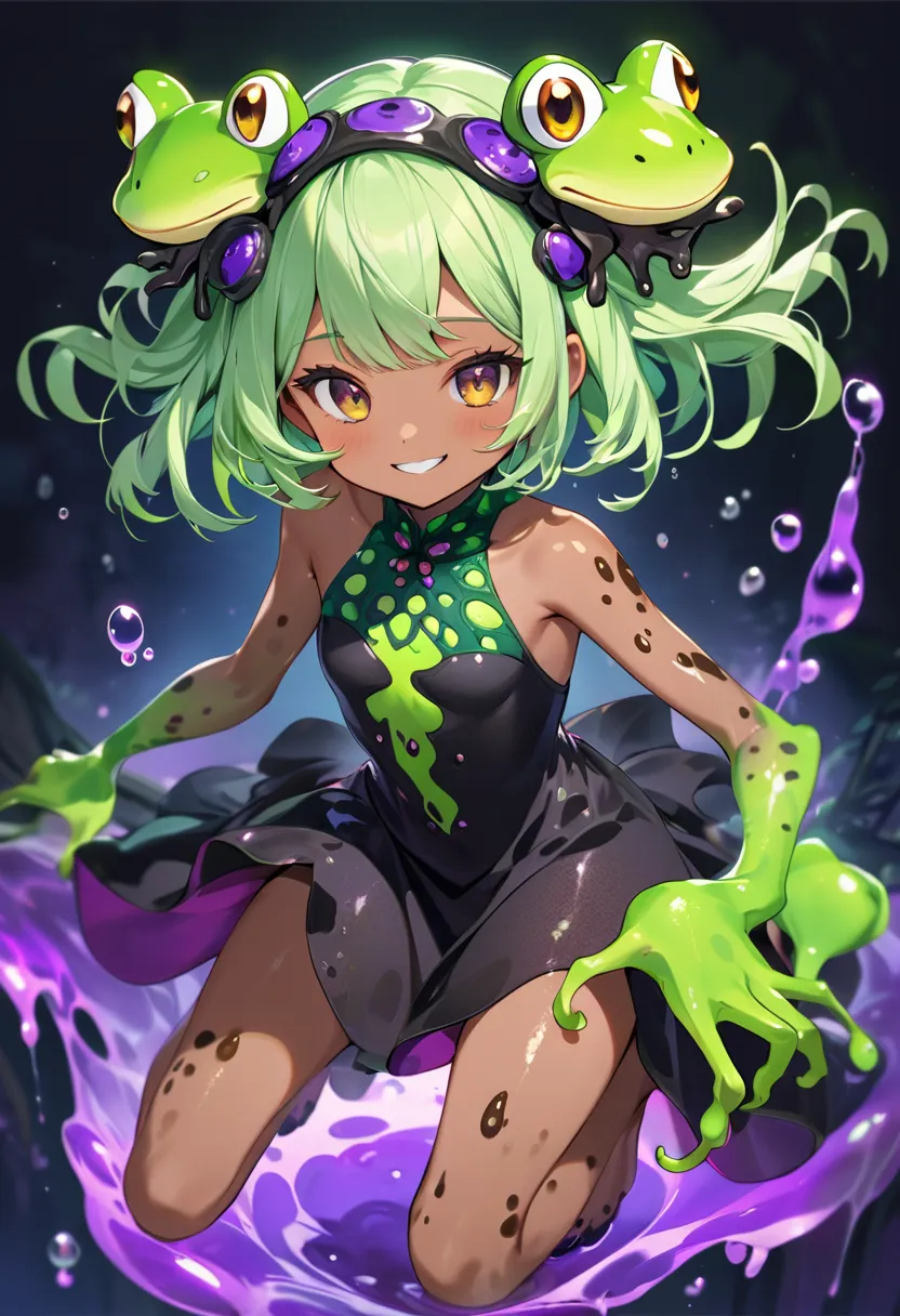 (masterpiece, best quality),A poisonous frog-themed monster girl with a toxic and eerie aesthetic. She has slimy, amphibian-like skin with vibrant green and purple hues, adorned with bioluminescent patterns. Her eyes are large, glowing, and resemble a frog...