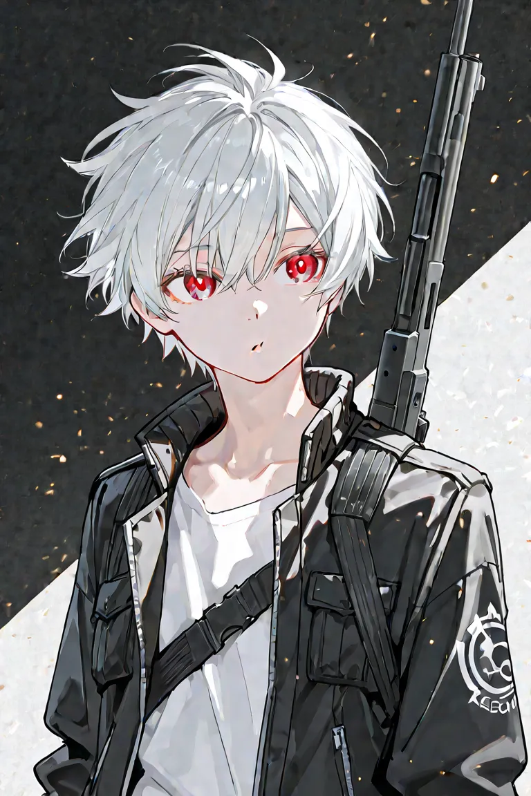 The background is white(Gray Hair)The hair is wolf(Red eyes)A young man wearing a white T-shirt and a black jacket carrying a gun on his shoulder is shown at a slight angle and blowing slightly in the wind