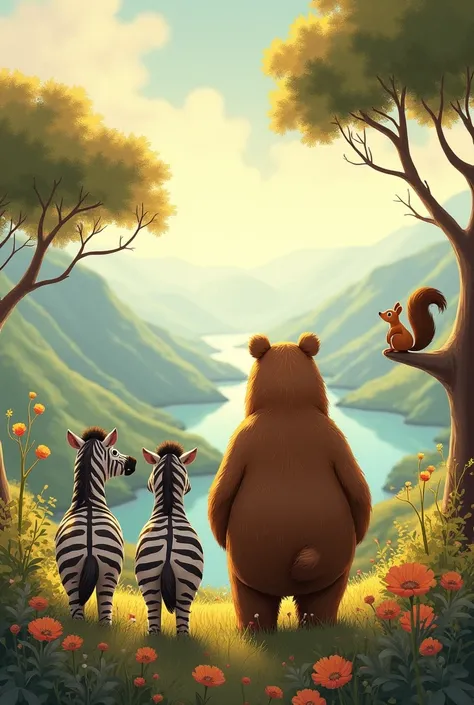 I want an illustration showing a bear, a zebra and a squirrel looking at the landscape and therefore in the drawing you can see their backs 