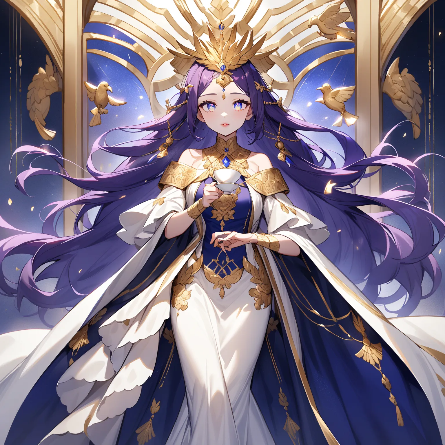 A tea goddess from a mystical world, with long, flowing lavender-purple hair that radiates an aura of magic. She wears a ceremonial gown in deep midnight blue, adorned with shimmering gold accents featuring curved lines resembling ancient magical inscripti...