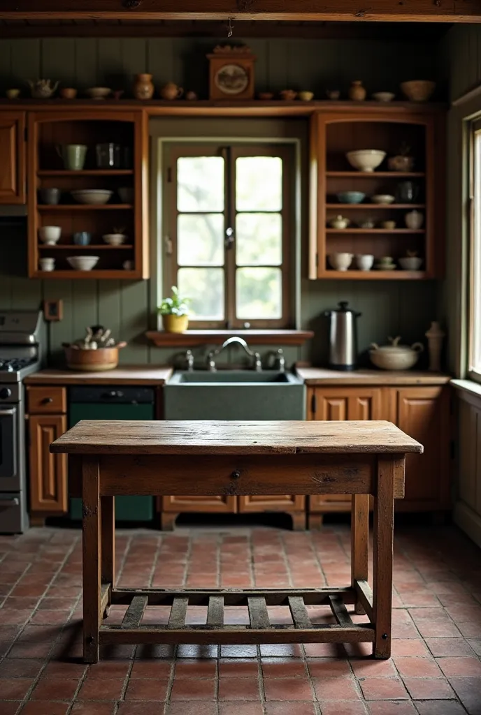 in the antique kitchen, with table infront
