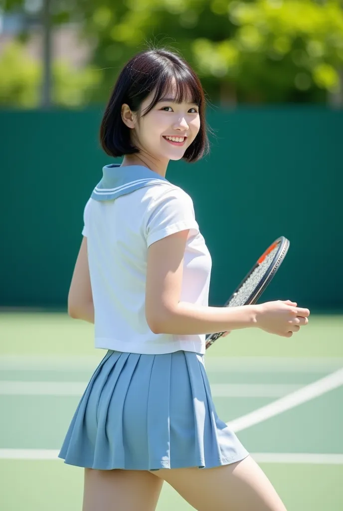 A photo of a beautiful Japanese actress taken for a promotional video. . Shooting data: Full-frame digital camera, 50mm, f14.1/125sec, iso100, daylight 1girl,18yo smile (((Bobcut)))　big eyes　round face　High school girl, tennis club, tennis practice, tennis...