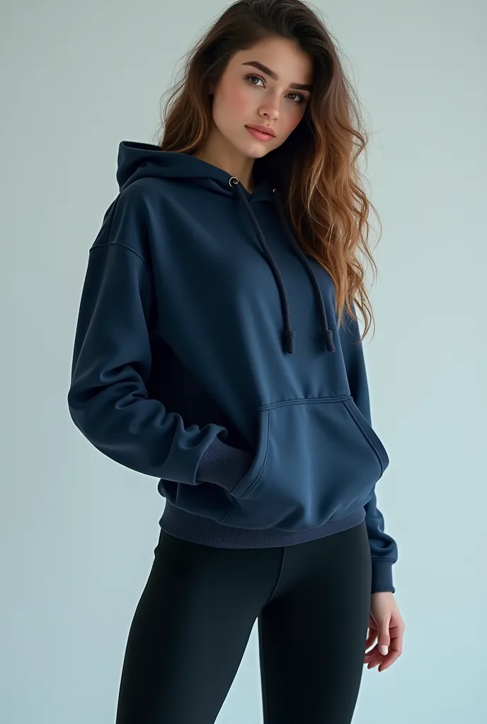 18 year old girl wearing a blue black hoodie and leggings showing off the details of her big booty