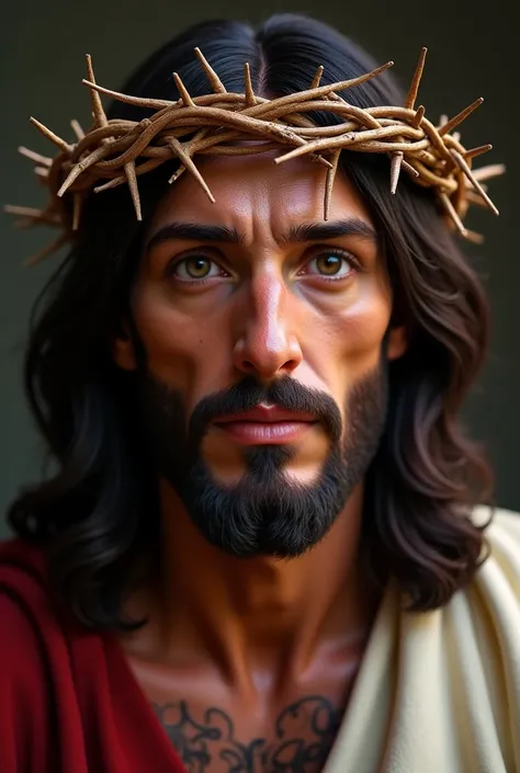 Here's a prompt you can use to generate the image again or with variations:

"An ultra-realistic image of Jesus Christ looking directly into the camera,  wearing a crown of thorns. Your face conveys compassion and solemnity,  with realistic details on the ...