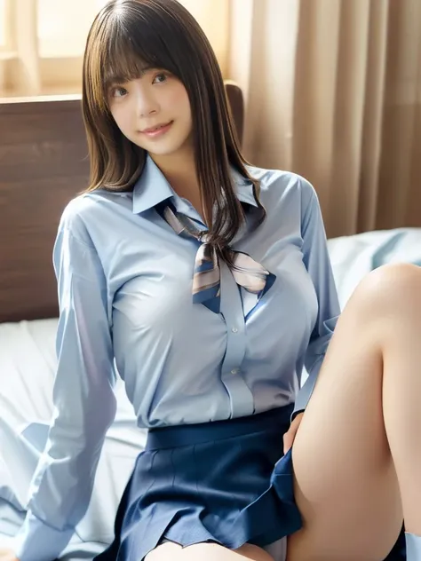 Student Uniform,((())),No makeup,High resolution,Professional photography,High resolution, big breasts,,slim, Lie on your back on the bed, Please open your legs and show me your underwear, Fearful expression, Tears in my eyes, ((Her skirt is rolled up)), O...