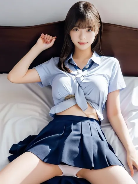 Student Uniform,((())),No makeup,High resolution,Professional photography,High resolution, big breasts,,slim, Lie on your back on the bed, Please open your legs and show me your underwear, Fearful expression, Tears in my eyes, ((Her skirt is rolled up)), O...