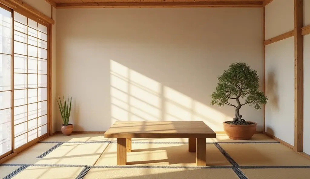 A serene Japanese interior with soft natural lighting, featuring a single wooden table and a small bonsai tree. The room is simple, clutter-free, and embodies the philosophy of Kaizen, showing gradual improvement through organization and simplicity.