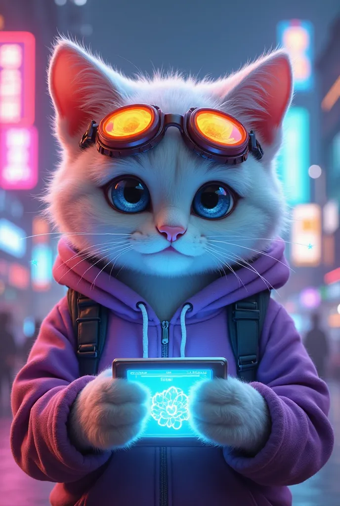 A high-quality 3D animated white-furred cat with a futuristic cyberpunk theme. She is wearing a purple hoodie with neon accents, cyberpunk goggles resting on her head, and a small holographic tablet in her paws. Her expression is smart and focused, as if s...