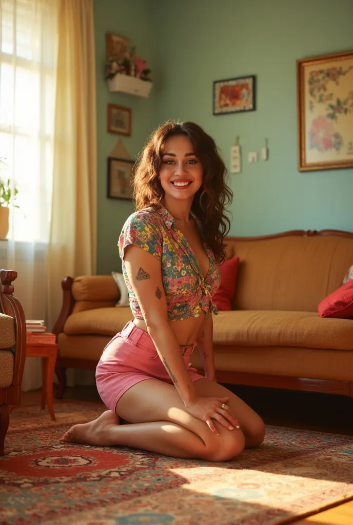 Create an image of a young woman kneeling on a vintage-patterned rug in a retro-styled living room, smiling brightly at the camera. She has wavy hair and is wearing a playful outfit, like a colorful blouse and a short skirt, revealing her bare legs. The li...