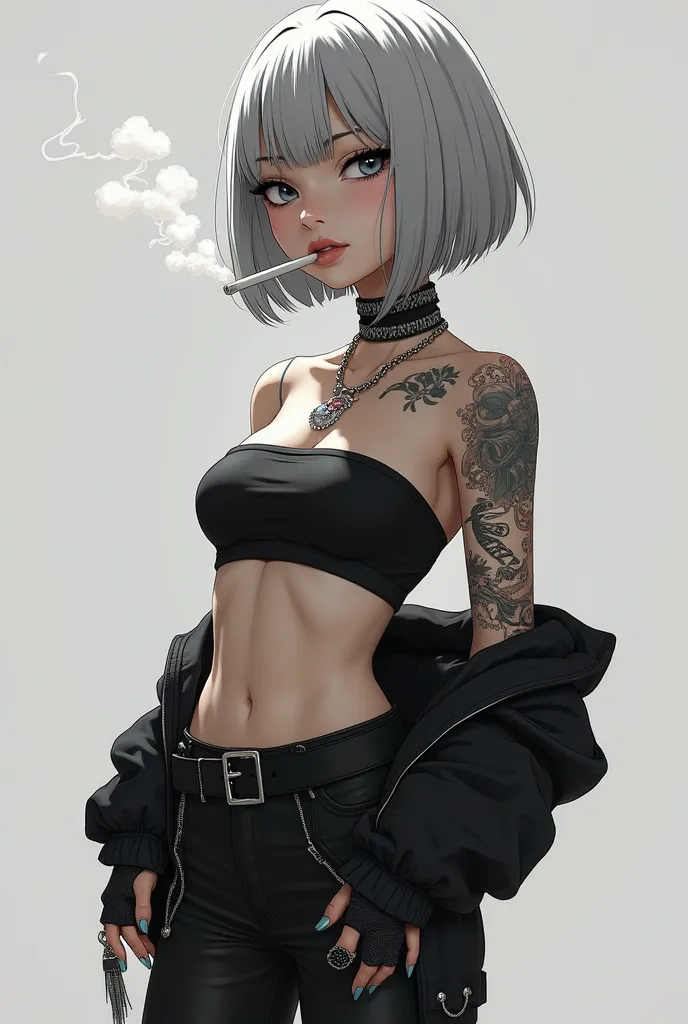 Gal Silver Ash Hair Woman Bob Hair Tube Top Monochrome Outfit Thick Sole Sneakers
cigarette tattoo piercing anime