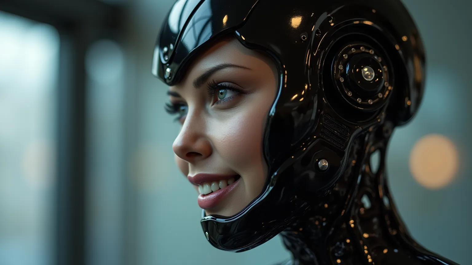  Fembot    (female robot)  in black hypersuit.   looks like victoria justice.  smile.