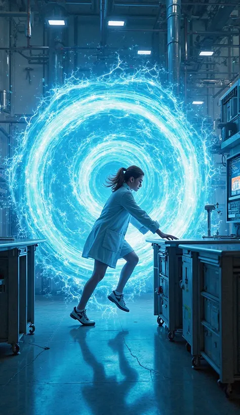 "A burst of intense blue light explodes from the reactor, creating a vortex in the middle of the lab. THE scientist woman tries to resist the force of sucking by holding on to a table."