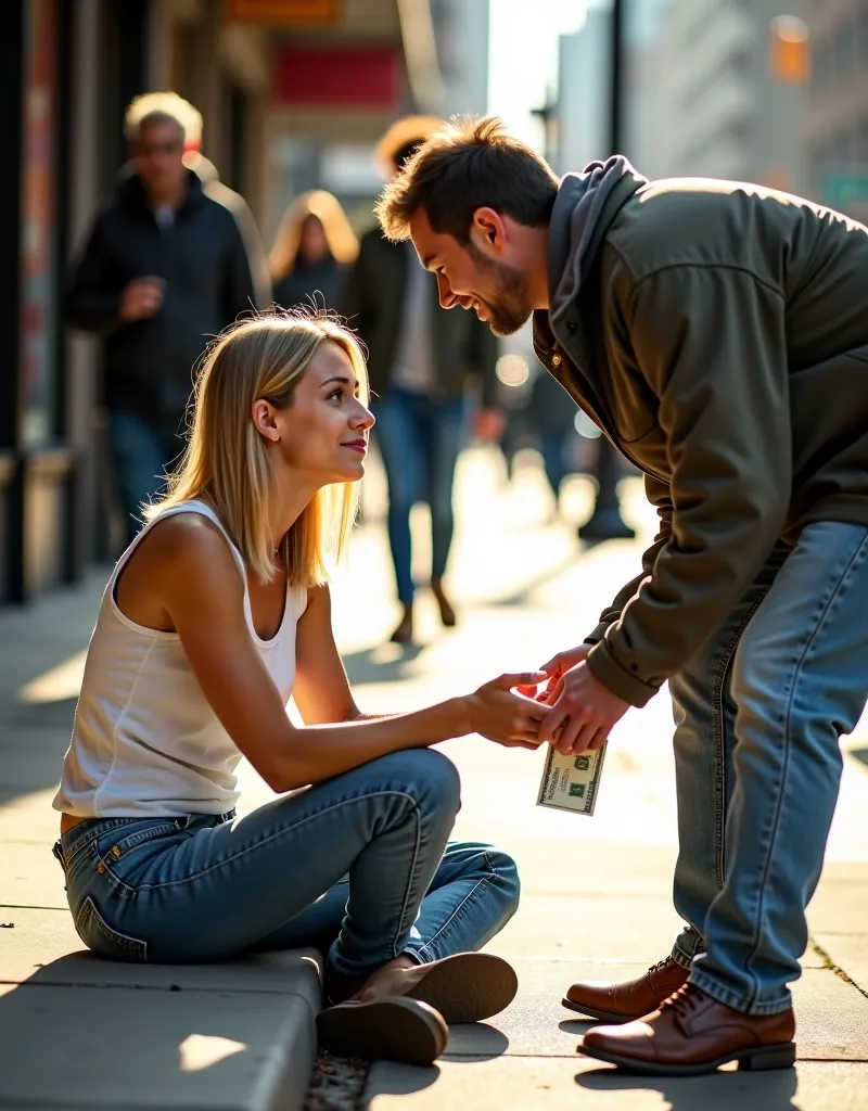 A 25-year-old homeless blonde female sits on a city street at noon, wearing a white tank top and jeans. She has a tired yet hopeful expression as she looks up at a 25-year-old male who is bending down to give her a $10 bill. The young man has a kind and em...