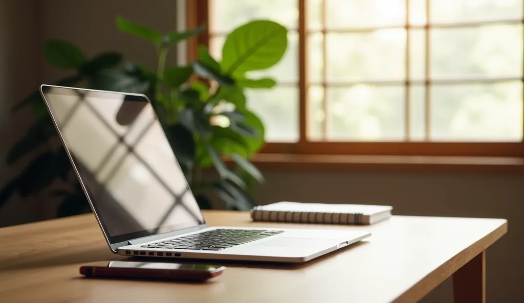 A peaceful, distraction-free workspace with a sleek wooden desk, a single laptop, and a neatly arranged notebook. The space is illuminated by soft natural light from a shoji screen, embodying the essence of digital minimalism and focus.