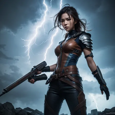 Strongest Warrior Using Blue Lightning,Brave Expression, combat posture,Lightning strikes,Storm Background,Lightning,High-Tech Weapons,Amazing Abilities,detailed description,realistic,4K,High Quality,Professional,realistic texture,HDR