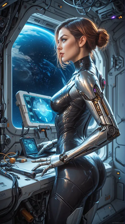  realistic image .  details, runs away from the mountain High quality,  realism; symbiosis between a woman and a spaceship seat;  cybernetic body, cybernetic tubes,  cybernetic eyes , Salma Hayek Face, cybernetic hair; control devices,  synthetic , space, ...