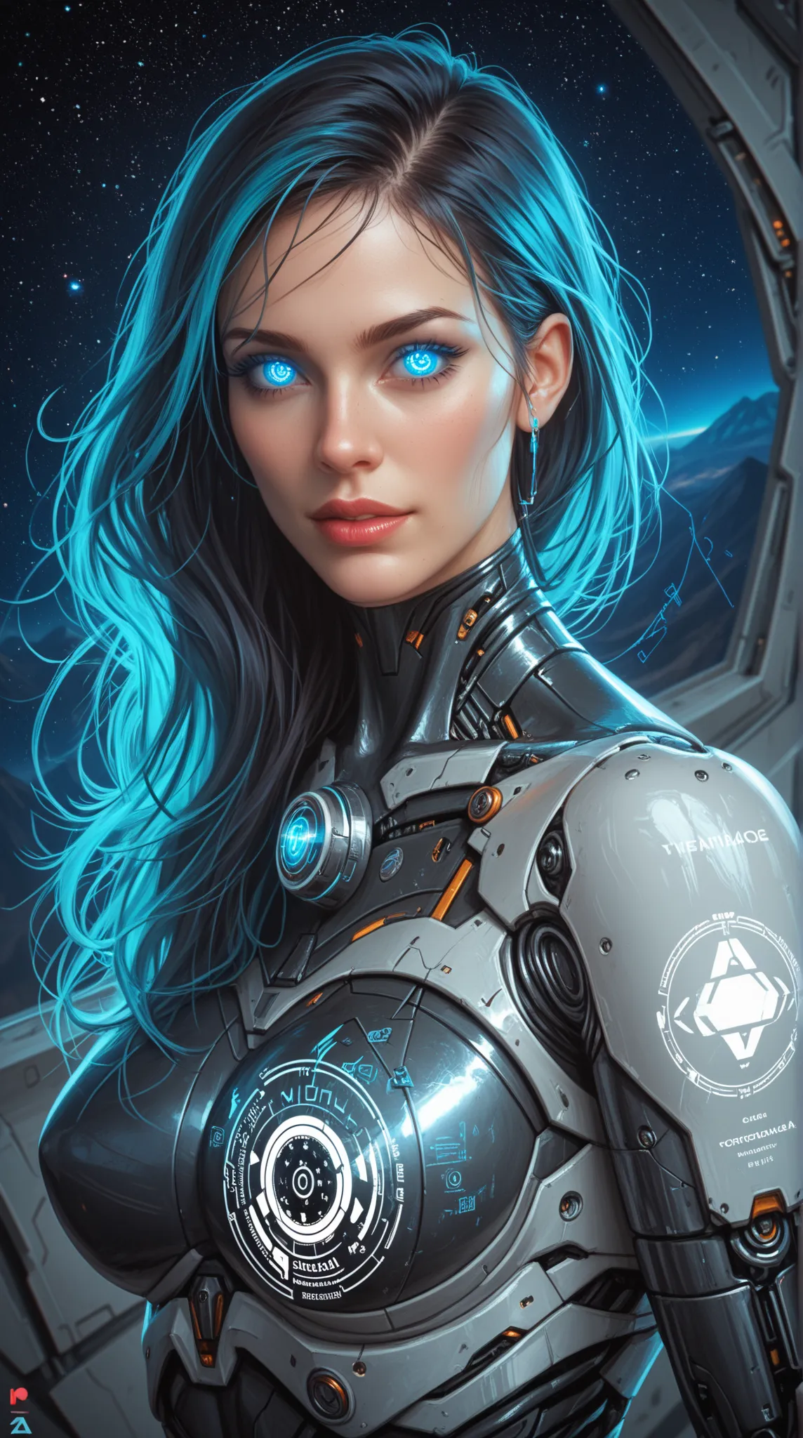  realistic image .  details, runs away from the mountain High quality,  realism; symbiosis of a woman with a spaceship seat;  cybernetic body, cybernetic tubes,  cybernetic eyes , Salma Hayek Face, cybernetic hair; control devices,  synthetic , space, holo...