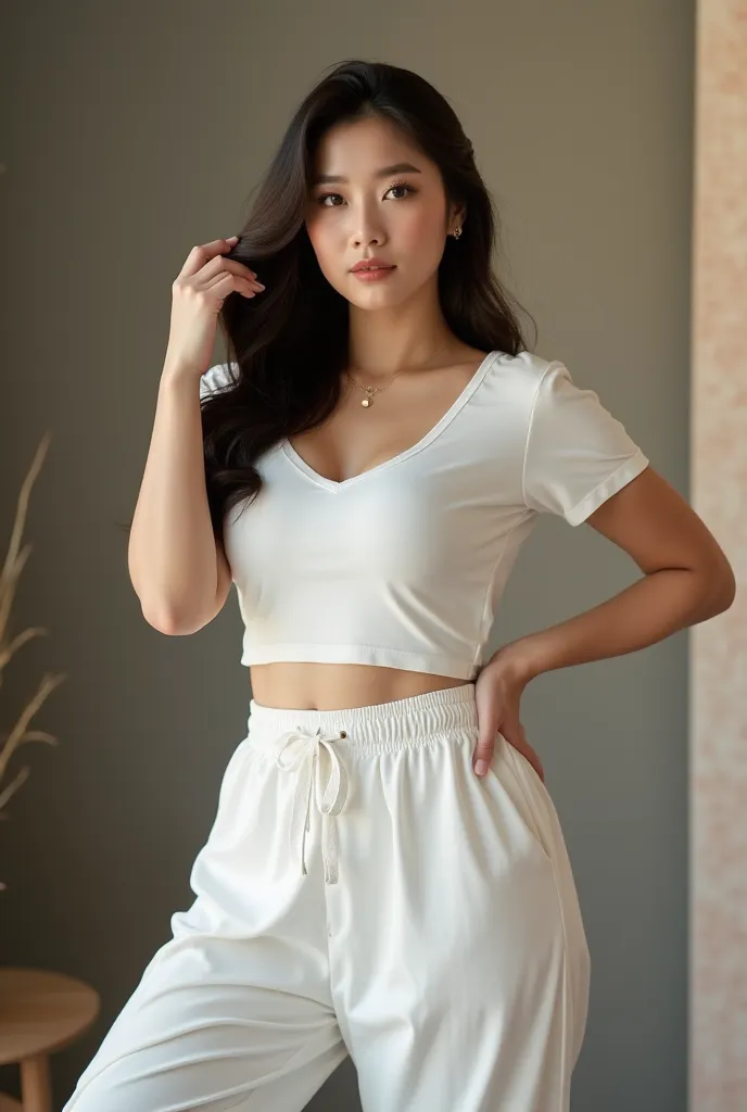 A stunning, korean model 40 years old(curvy and big breast) with graceful yet confident presence poses elegantly in a modern photography studio. She wears famous tight t-shirts and white loose pajama pants, casual yet trendy outfit, The soft lighting highl...