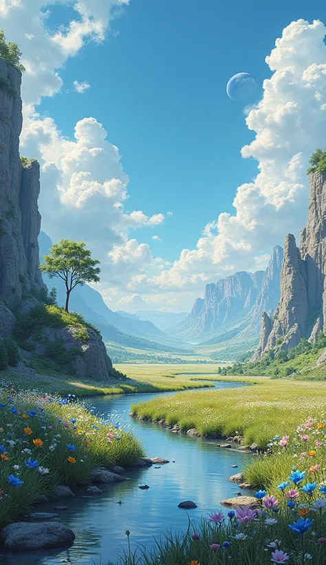 Prairie, small river, flower, little tree, crystal forming rock, blue sky, clouds, different space, fantastic, glittering, gorgeous, realistic goddess, glass art, blue flowers in the distance, on a city, on a cliff
