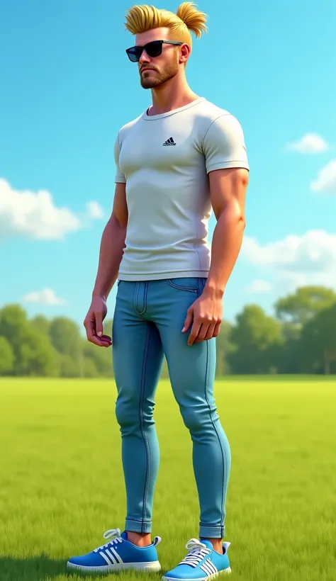 A 1,96m tall man in his early forties looks younger, slim and trained body, long dark blonde hair, Made in a bun together, the man is wearing sporty sunglasses, light blue jeans and a T-shirt with a small Adidas logo and blue shoes from Adidas, a green fie...